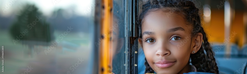 Young girl looking out of a bus window, banner, copy space Young girl looking out of a bus window, banner, copy space