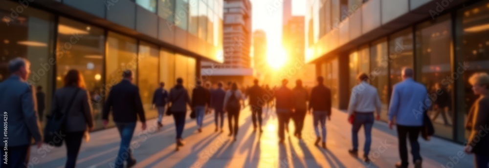 Obraz premium vibrant city life captured in motion of crowd walking through urban area at golden hour, blurred background banner. modern cityscape in background. urban lifestyle, busy people.