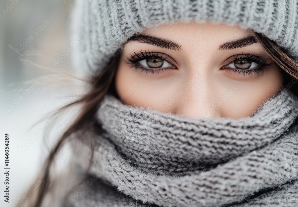 Close-Up Portrait of a Young Woman with Striking Eyes and Warm Gray Knit Hat and Scarf in a Winter Landscape Emphasizing Cozy Fashion and Natural Beauty Close-Up Portrait of a Young Woman with Striking Eyes and Warm Gray Knit Hat and Scarf in a Winter Landscape Emphasizing Cozy Fashion and Natural Beauty