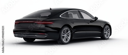 A sleek black luxury car viewed from the rear, showcasing its elegant design and smooth curves.