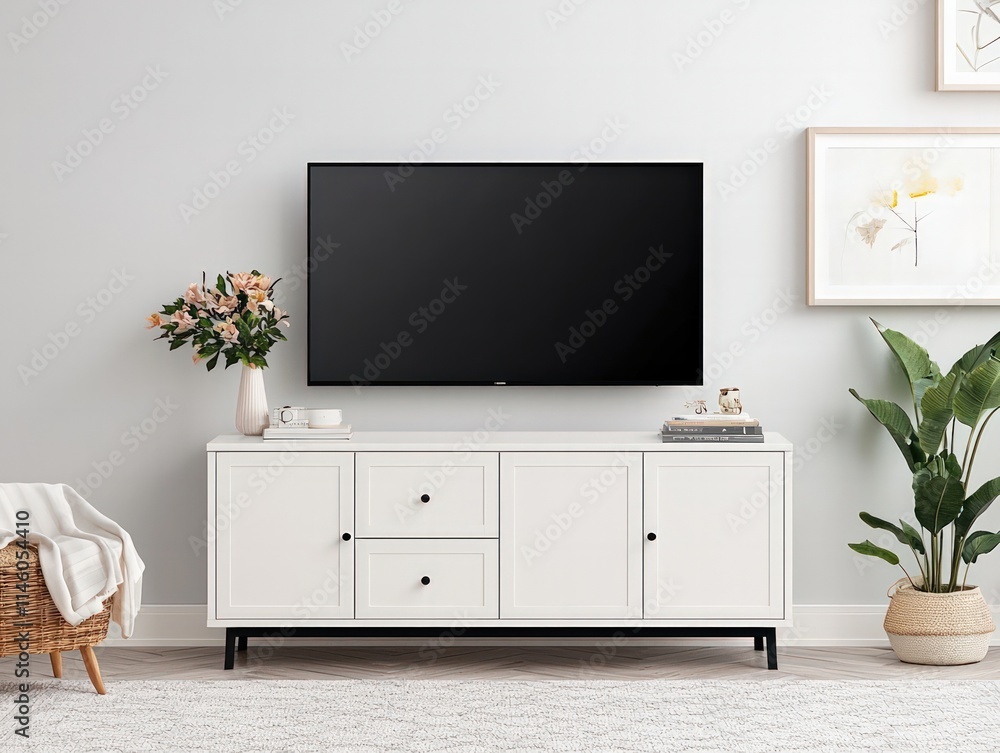 A modern living room setup featuring a sleek white TV stand, a flat-screen television, decorative plants, and framed art against a neutral wall. A modern living room setup featuring a sleek white TV stand, a flat-screen television, decorative plants, and framed art against a neutral wall.