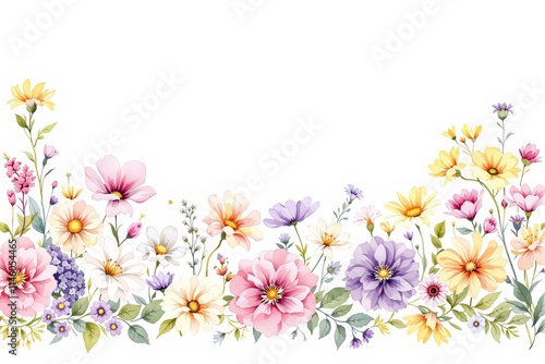 Fototapeta Naklejka Na Ścianę i Meble -  Colorful floral border design with various flowers and leaves on a white background.