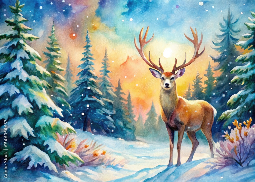 A whimsical watercolor Christmas deer, nestled in a snowy scene, perfect as a vertical holiday print. A whimsical watercolor Christmas deer, nestled in a snowy scene, perfect as a vertical holiday print.
