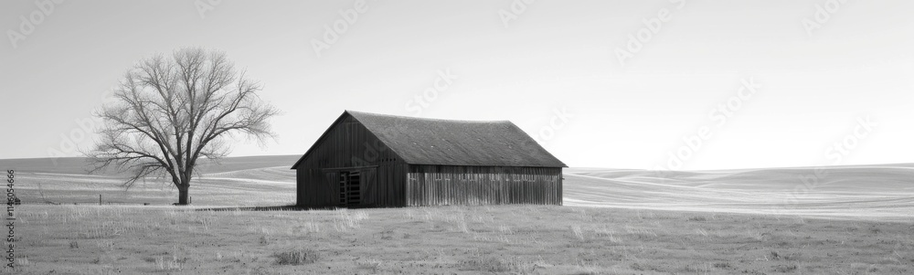 There is a barn in a field with a tree in the background, banner, copy space There is a barn in a field with a tree in the background, banner, copy space