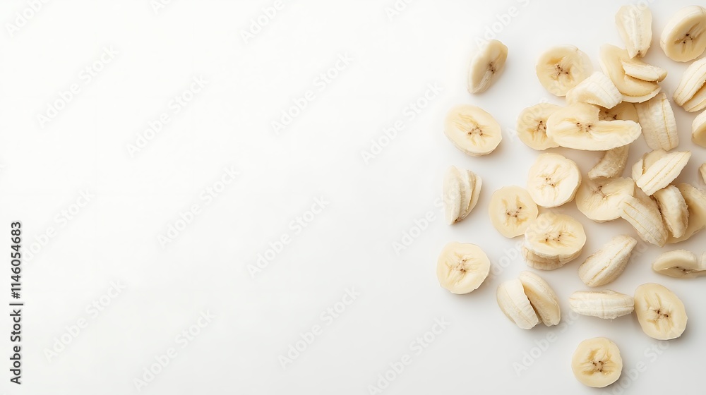 Sliced bananas scattered on a white mockup, top view photo. AI Generated Sliced bananas scattered on a white mockup, top view photo. AI Generated