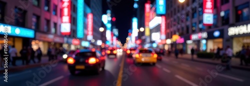 vibrant urban atmosphere  blurred bustling city street with neon lights and vehicles at night. modern cityscape and nightlife  blurred banner background design with copy space.