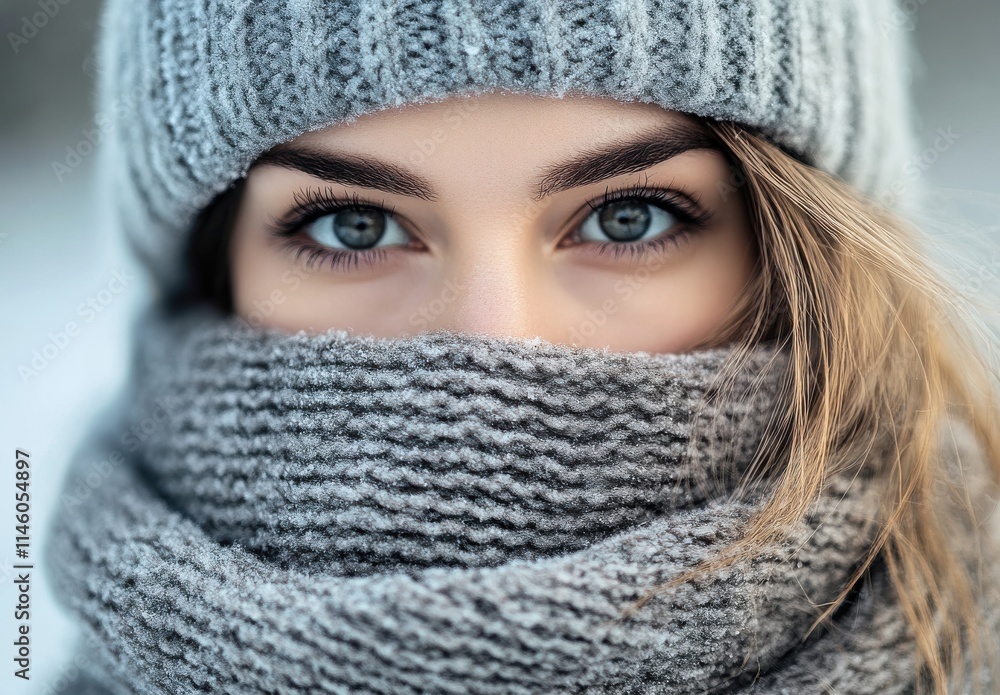 Close-up View of a Young Woman with Beautiful Blue Eyes Wrapped in a Gray Scarf and Beanie, Capturing the Essence of Winter Fashion and Natural Beauty in a Snowy Setting Close-up View of a Young Woman with Beautiful Blue Eyes Wrapped in a Gray Scarf and Beanie, Capturing the Essence of Winter Fashion and Natural Beauty in a Snowy Setting