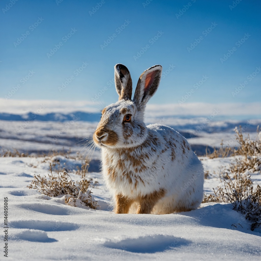 Obraz premium A snowy hare blending into a white landscape under a vivid blue sky.