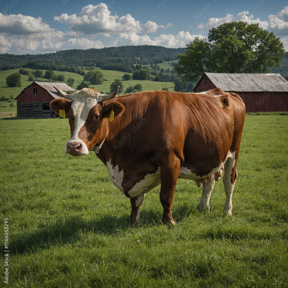 A gentle cow grazing in a rolling green pasture with a barn in the background.
A gentle cow grazing in a rolling green pasture with a barn in the background.