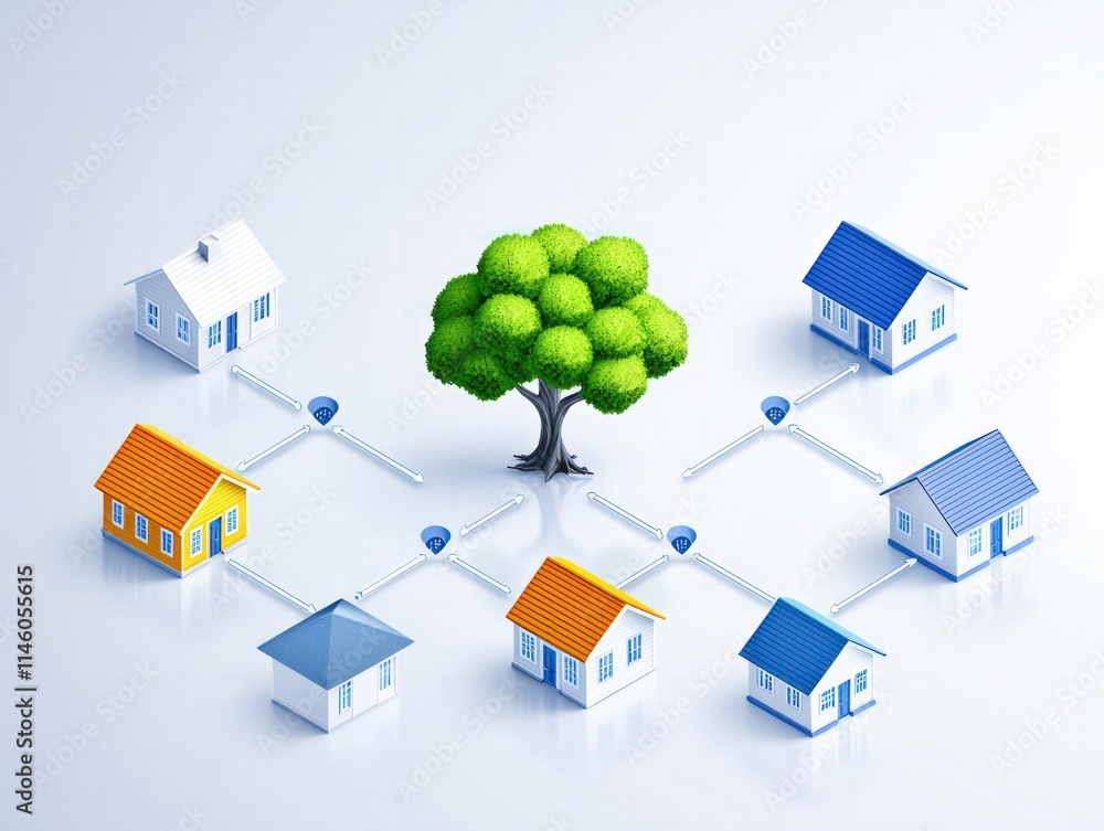 A stylized illustration of houses connected by lines to a central tree, representing community and interconnectedness. A stylized illustration of houses connected by lines to a central tree, representing community and interconnectedness.