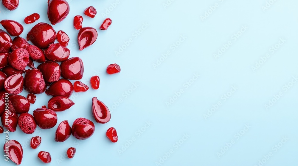Red candies scattered on light blue background. Red candies scattered on light blue background.