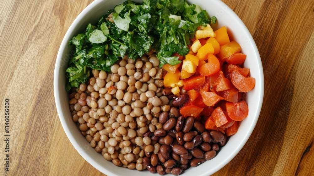 Fresh and Colorful Bowl of Mixed Ingredients Featuring Lentils, Black Beans, and Vibrant Vegetables on a Wooden Table for Healthy Eating and Meal Prep Ideas Fresh and Colorful Bowl of Mixed Ingredients Featuring Lentils, Black Beans, and Vibrant Vegetables on a Wooden Table for Healthy Eating and Meal Prep Ideas