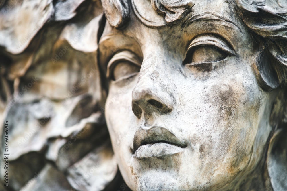 A detailed shot of a female statue's face, ideal for use in editorial or commercial projects where a subtle focus on the subject is needed A detailed shot of a female statue's face, ideal for use in editorial or commercial projects where a subtle focus on the subject is needed