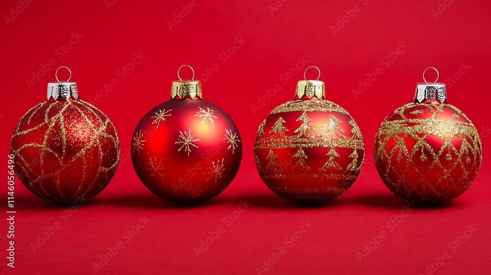 Close-up Photo: Sparkling Red Christmas Ornaments on Red. AI Generated Close-up Photo: Sparkling Red Christmas Ornaments on Red. AI Generated