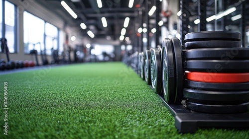 Strength Training Gym, Black Dumbbells and Red Barbell on Artificial Turf, Brightly Lit Space for Fitness Centers or Online Platforms