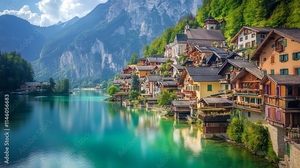 Fototapeta premium Stunning Lakeside Village Photo: Picturesque Mountain Scenery. AI Generated