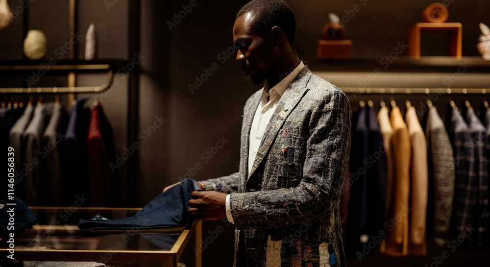 African male adult shopping for suit in clothing store African male adult shopping for suit in clothing store