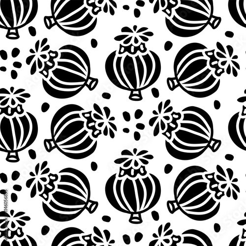silhouette pattern of poppy pods with seeds. Sweet, the food. Hand-drawn. Vector illustration of dried poppy flowers and pods on white background. spices, seasonings for sweet dishes. Baking additives