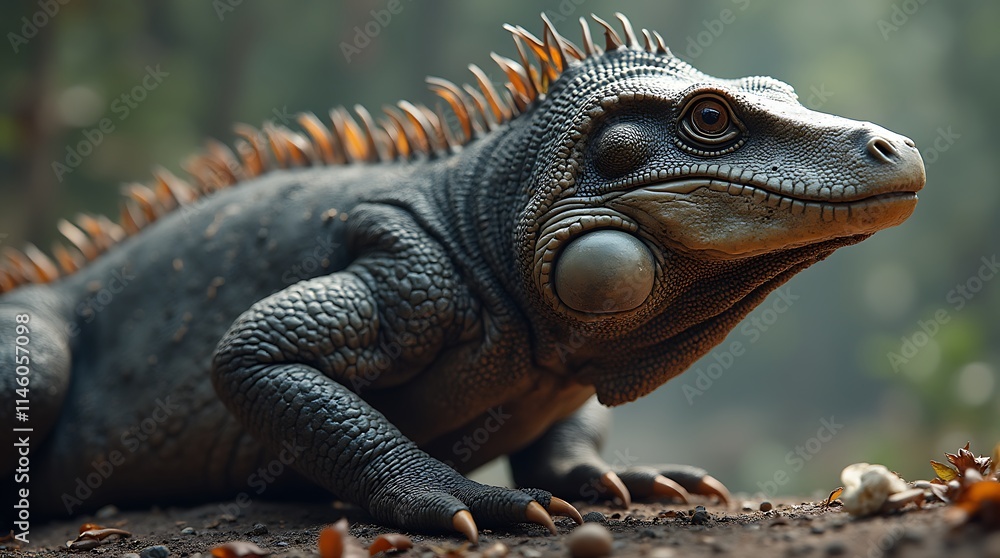 Obraz premium Close-up of a magnificent iguana basking in the sun, Generative AI