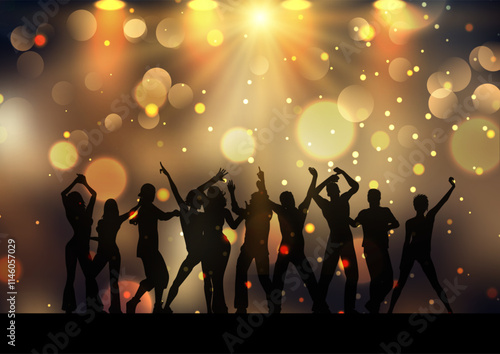 Silhouettes of people dancing on golden bokeh lights background 