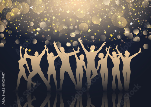 Silhouettes of people dancing on a stars and bokeh lights background