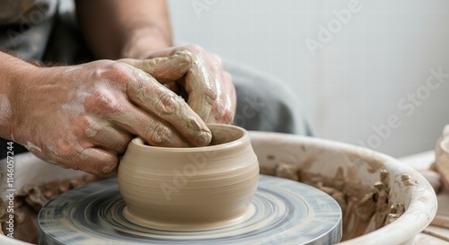 Caucasian male adult shaping clay pottery on spinning wheel in studio