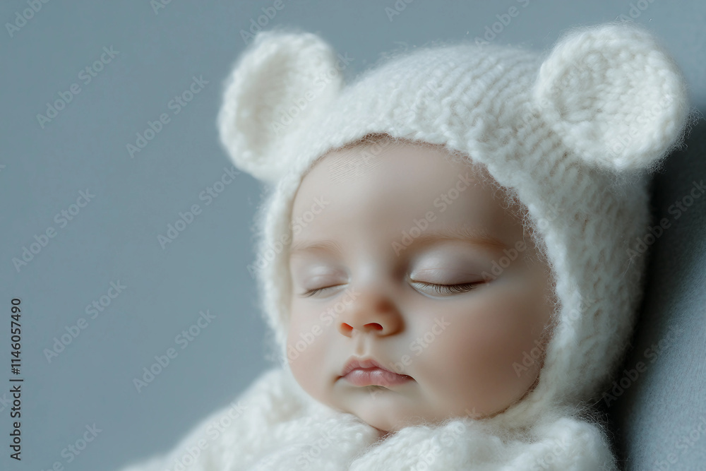 Generative AI image of a sleeping newborn baby in a cozy knitted outfit during a serene photo shoot Generative AI image of a sleeping newborn baby in a cozy knitted outfit during a serene photo shoot