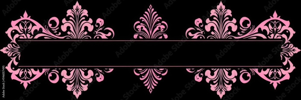 Pink and black damask pattern with ribbon banner on dark background, decorative, design, banner Pink and black damask pattern with ribbon banner on dark background, decorative, design, banner