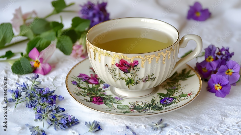 Close up photo of floral teacup with herbal infusion among purple blooms. AI Generated Close up photo of floral teacup with herbal infusion among purple blooms. AI Generated