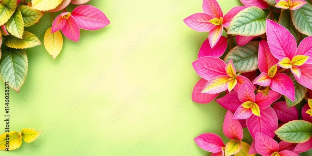 Fototapeta premium Pink background with vibrant green leaves scattered around and a central green leaf, creating a fresh and natural aesthetic, eco-friendly, fresh, colorful