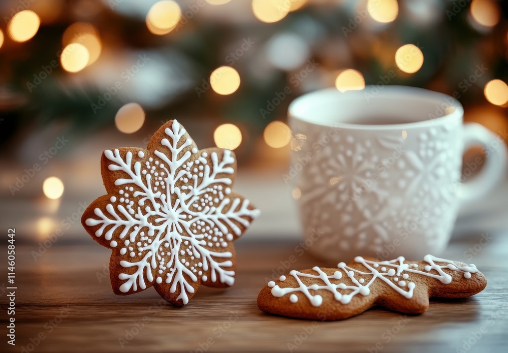 Cozy Winter Scene Featuring Decoratively Iced Gingerbread Cookies with a Beautiful Snowflake Shape Next to a Warm Beverage in a Charming Mug Cozy Winter Scene Featuring Decoratively Iced Gingerbread Cookies with a Beautiful Snowflake Shape Next to a Warm Beverage in a Charming Mug