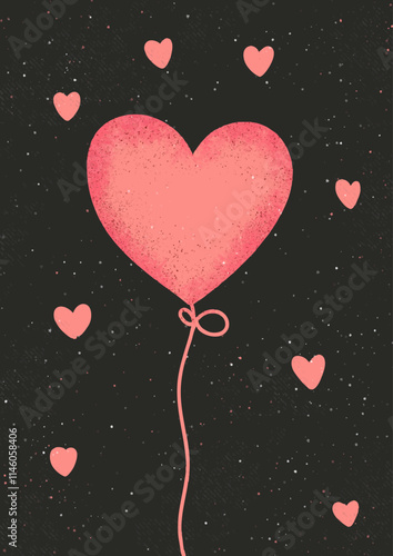 Grunge style hand drawn Valentines Day background with heart shaped balloon 