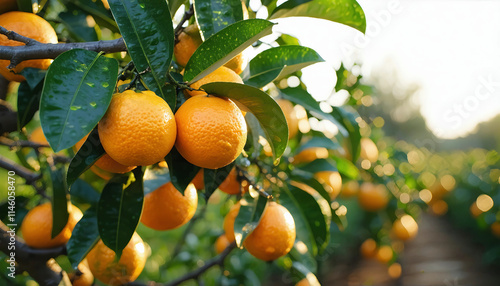 Bunch of fresh ripe oranges hanging on a tree in orange garden 