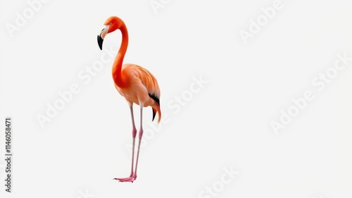 Pink flamingo standing in front of bright red background with a crisp white square in the center of the frame, square, standing, elegant