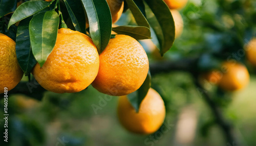 Bunch of fresh ripe oranges hanging on a tree in orange garden 