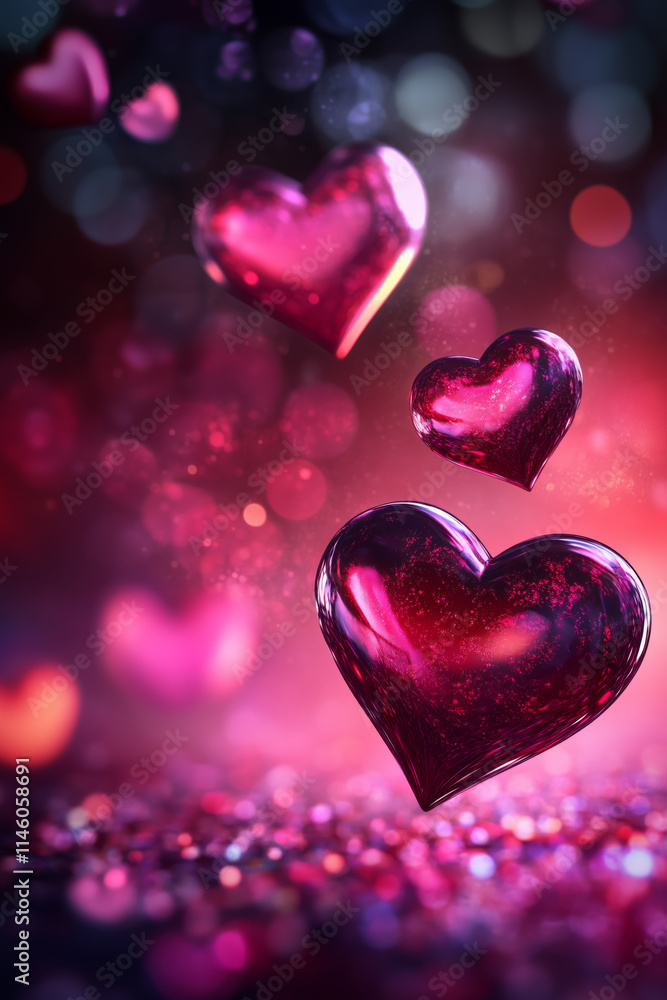 Obraz premium Valentine's day with transparent hearts on purple background greeting card with copyspace copy space portrait format