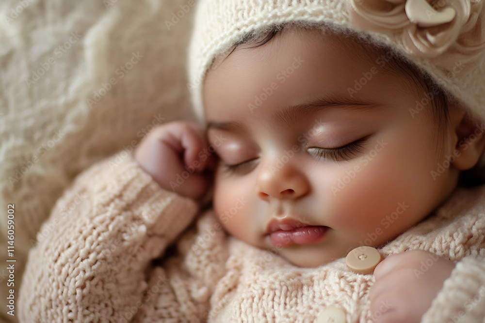 Generative AI image of a sleeping newborn baby in a cozy knitted outfit during a serene photo shoot Generative AI image of a sleeping newborn baby in a cozy knitted outfit during a serene photo shoot