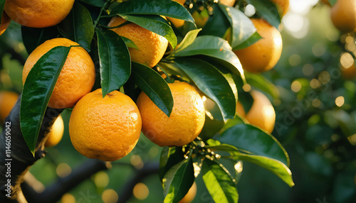 Bunch of fresh ripe oranges hanging on a tree in orange garden 
