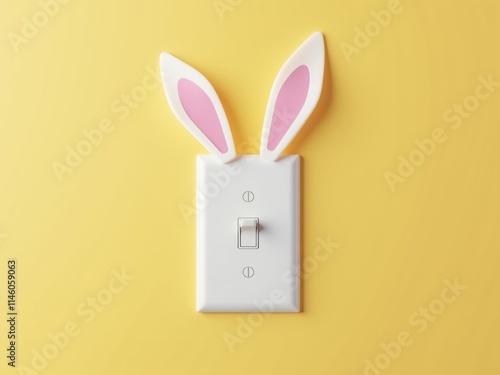 Light switch with bunny ears celebrating easter on yellow background