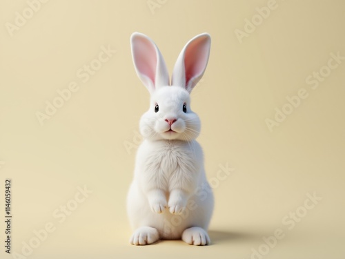 Adorable white easter bunny standing on yellow background