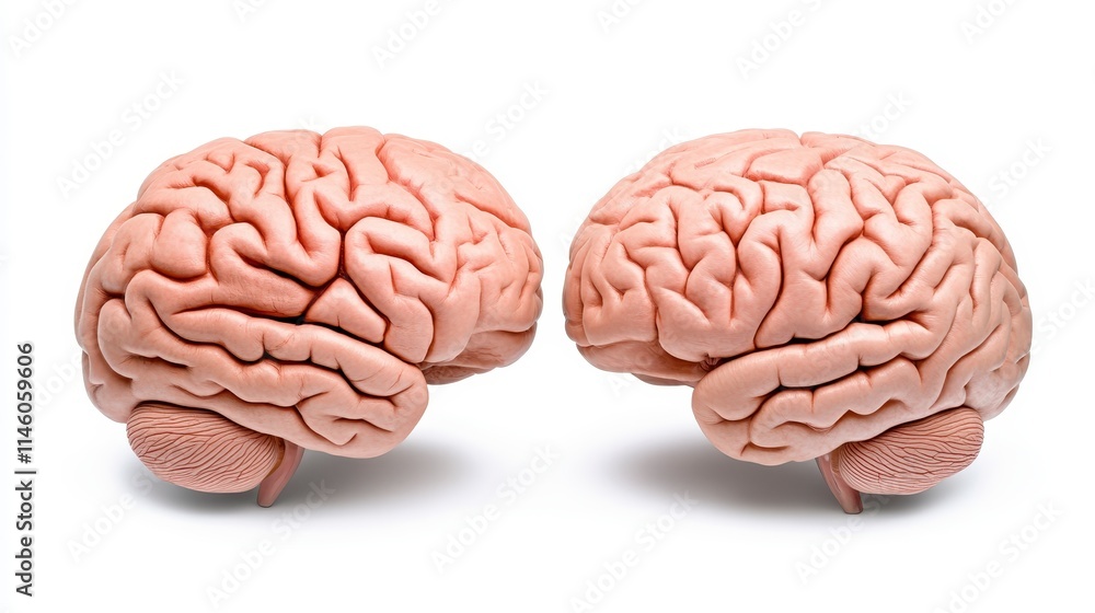 Two human brains displayed side by side, showcasing the intricate structure and folds of the cerebral cortex. Two human brains displayed side by side, showcasing the intricate structure and folds of the cerebral cortex.