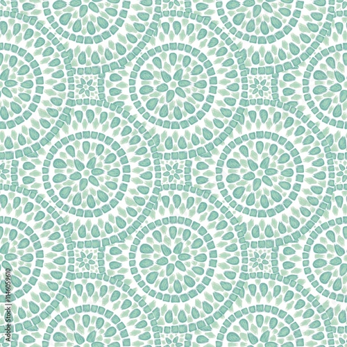 Beautiful seamless pattern featuring circular motifs and delicate leaf designs in soft green tones ideal for fabric or wallpaper applications