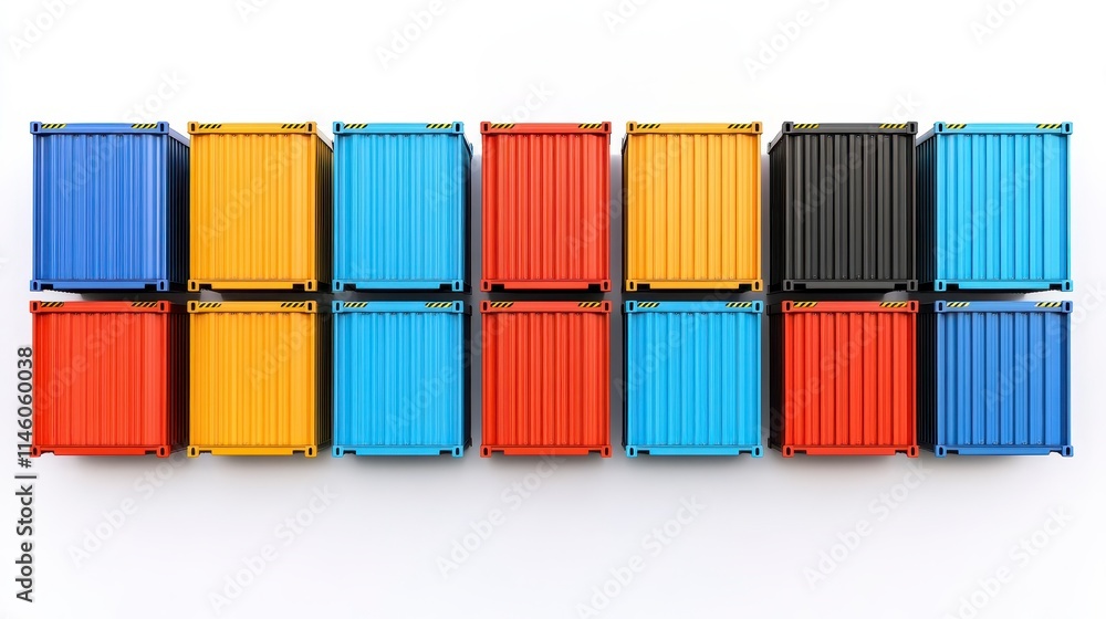 Obraz premium Colorful shipping containers arranged in a grid, showcasing vibrant hues of blue, red, orange, and black against a white background.