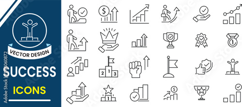 Success icon, vector set. Success line icon collection, Success and Growth line icon, progress, career icons. Vector illustration.