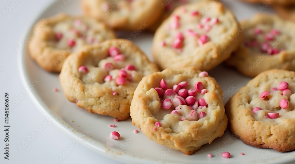 Close-up of delicious cookies topped with pink sprinkles, Generative AI Close-up of delicious cookies topped with pink sprinkles, Generative AI