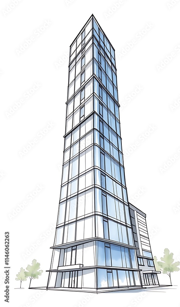 Fototapeta premium Sleek Modern Skyscraper Illustration: Architectural Sketch. AI Generated