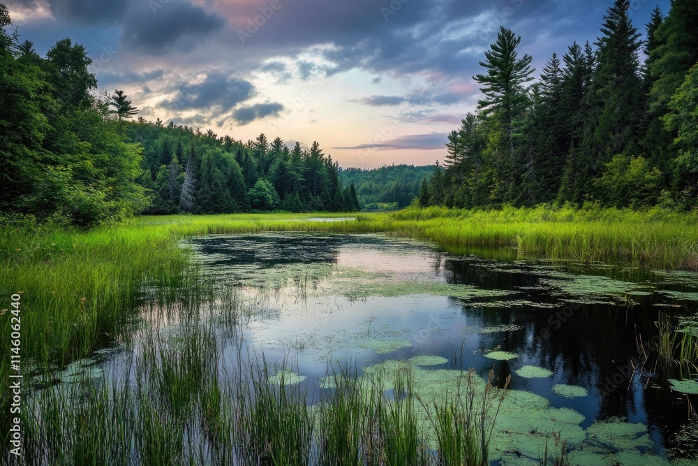 A serene lake surrounded by lush greenery and tall trees, perfect for outdoor photography or as a peaceful background A serene lake surrounded by lush greenery and tall trees, perfect for outdoor photography or as a peaceful background