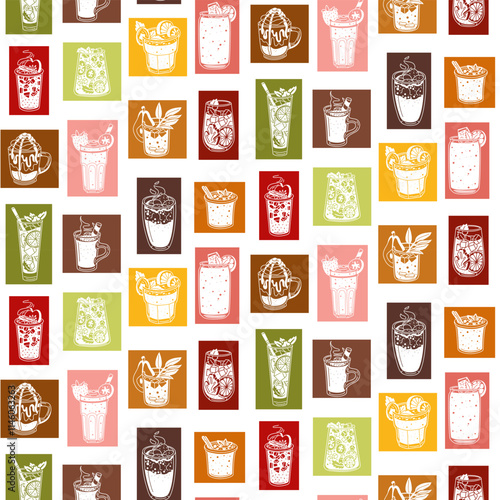 pattern with multicolored drinks in a square on white. Seamless texture of drinks for bar, restaurant. Glasses arranged in rows. Silhouettes of glass in geometric shape. Printing for menu packaging