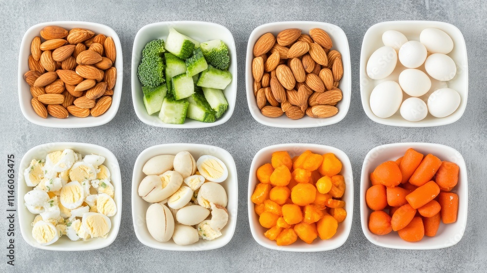 Assorted Healthy Snacks in White Bowls Featuring Almonds, Broccoli, Cucumbers, Eggs, Carrots, and Popcorn Arranged on a Gray Background for Nutritional Inspiration