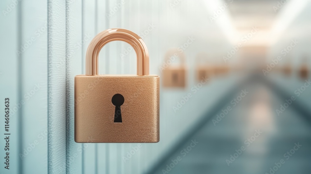 Fototapeta premium A close-up of a golden padlock hanging on a locker in a blurred hallway, symbolizing security and protection.
